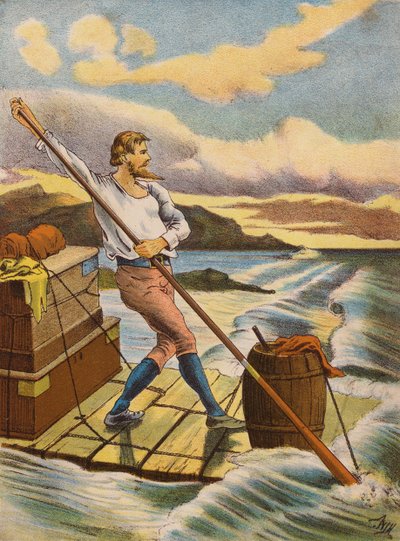 Robinson Crusoe (färglitografi) av English School