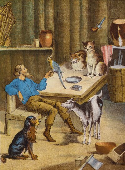 Robinson Crusoe (färglitografi) av English School