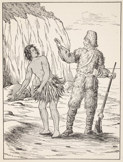 Robinson Crusoe och fredag, illustration från The Story of Robinson Crusoe: En anpassning för barn efter Defoes språk, pub. av Griffith Farran Browne & Co. Limited, London av English School