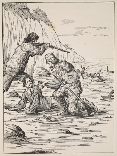 Robinson Crusoe och Friday rescuing the Spanjor, illustration från The Story of Robinson Crusoe: An adaptation for children following Defoes language, pub. av Griffith Farran Browne & Co. Limited, Lo av English School
