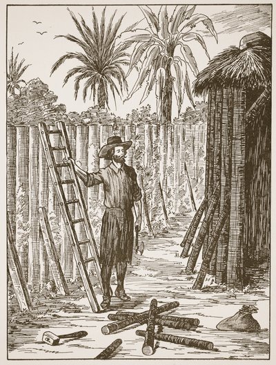 Robinson Crusoe bygger sin bower, illustration från The Story of Robinson Crusoe: En anpassning för barn efter Defoes språk, pub. av Griffith Farran Browne & Co. Limited, London av English School