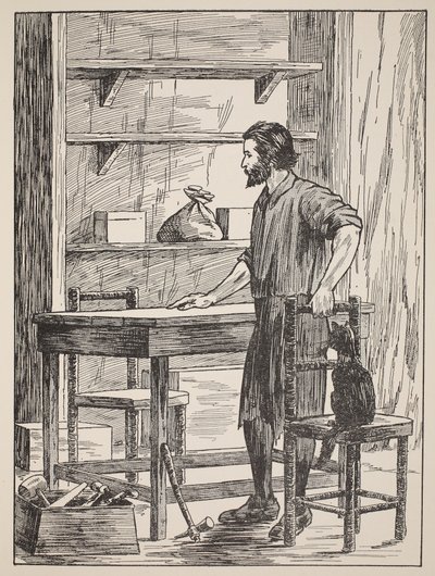 Robinson Crusoe bygger bord och stolar för sin grotta, illustration från The Story of Robinson Crusoe: An adaptation for children following Defoes language, pub. av Griffith Farran Browne & Co. Limit av English School