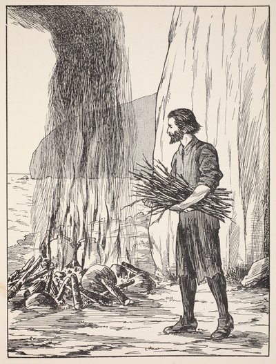 Robinson Crusoe matlagning, illustration från The Story of Robinson Crusoe: En anpassning för barn efter Defoes språk, pub. av Griffith Farran Browne & Co. Limited, London av English School