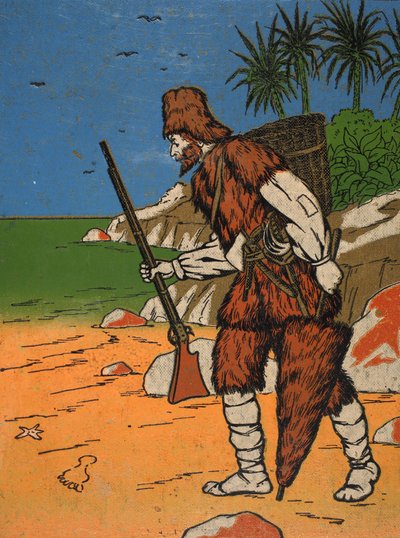 Robinson Crusoe, illustration från The Story of Robinson Crusoe: En anpassning för barn efter Defoes språk, pub. av Griffith Farran Browne & Co. Limited, London av English School