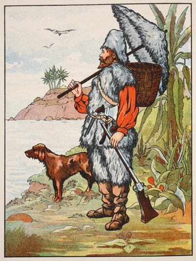 Robinson Crusoe, illustration från The Story of Robinson Crusoe: En anpassning för barn efter Defoes språk, pub. av Griffith Farran Browne & Co. Limited, London av English School