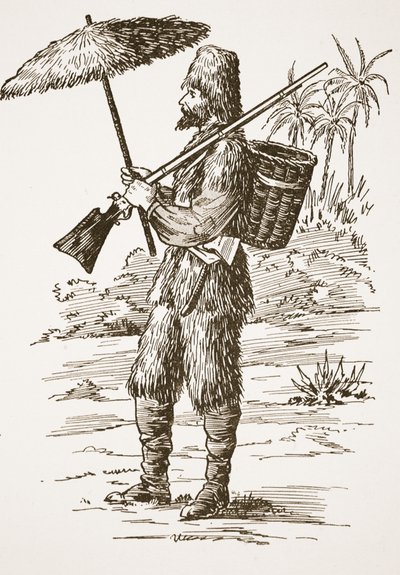 Robinson Crusoe, illustration från The Story of Robinson Crusoe: En anpassning för barn efter Defoes språk, pub. av Griffith Farran Browne & Co. Limited, London av English School