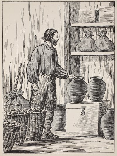 Robinson Crusoe i sitt förråd, illustration från The Story of Robinson Crusoe: En anpassning för barn efter Defoes språk, pub. av Griffith Farran Browne & Co. Limited, London av English School