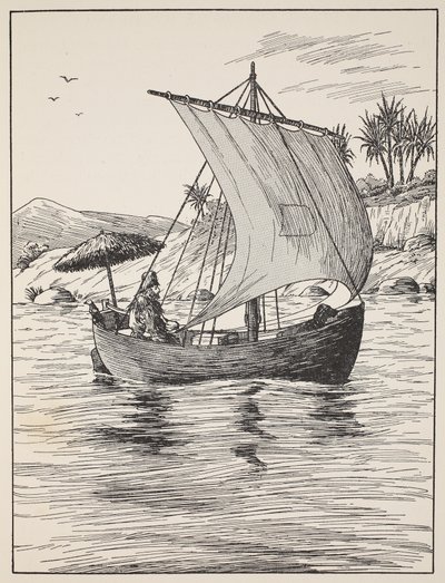 Robinson Crusoe på sin båt, illustration från The Story of Robinson Crusoe: En anpassning för barn efter Defoes språk, pub. av Griffith Farran Browne & Co. Limited, London av English School