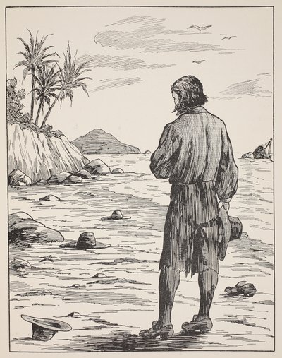 Robinson Crusoe på sin ö, illustration från The Story of Robinson Crusoe: En anpassning för barn efter Defoes språk, pub. av Griffith Farran Browne & Co. Limited, London av English School