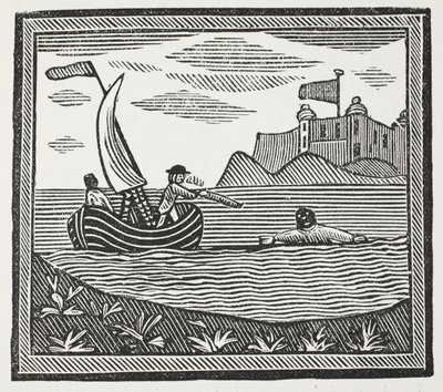 Robinson och Xury flyr från hedarna, illustration från Chap-books of the Eighteenth Century av John Ashton, pub. 1882 av English School
