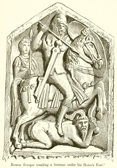 Roman Trooper trampar en tysk under hästens fötter av English School