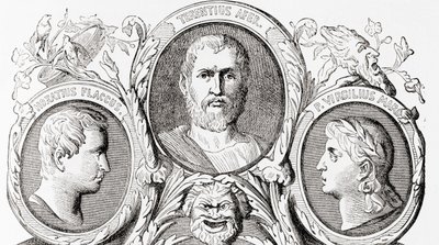 Romerska författare, från vänster till höger, Horace, Terence och Virgil, från Ward och Locks Illustrated History of the World, pub. c.1882 av English School