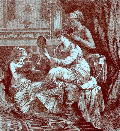 Romersk dam vid hennes toalett, illustration från The Illustrated History of the World, publicerad ca 1880 (digitalt förbättrad bild) av English School
