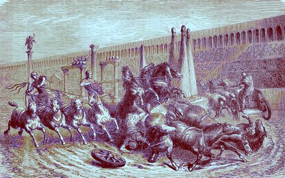 Romerska offentliga spel under imperiet - vagnkapplöpningen i cirkusen, illustration från The Illustrated History of the World, publicerad ca 1880 (digitalt förbättrad bild) av English School