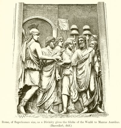 Rom, av övermänsklig storlek, ger som en gudomlighet världens klot till Marcus Aurelius. (Bas-Relief; ibid) av English School