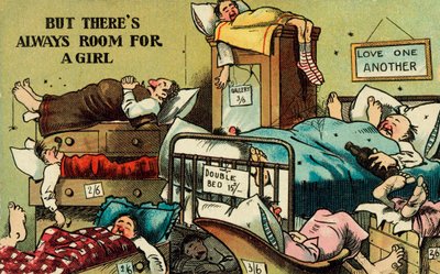Rum fullt av män som sover i alla tillgängliga utrymmen (färg litho) av English School