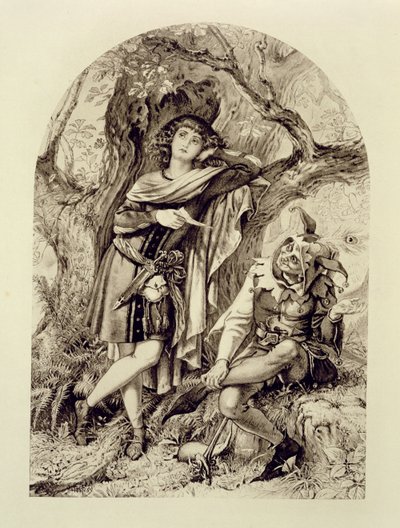 Rosalind och Touchstone, akt III, scen 2, i As You Like It, av William Shakespeare (1564-1616) av English School