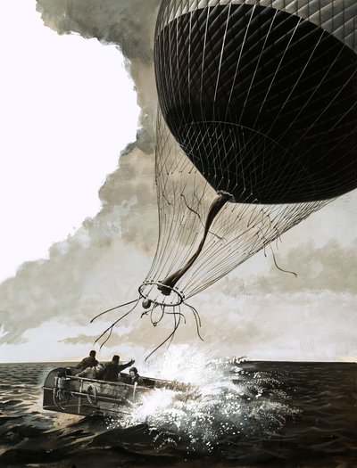 Rosemary Mudie och hennes man försöker en transatlantisk korsning med ballong (gouache på papper) av English School