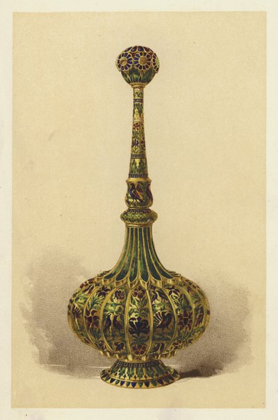 Rosenvattenflaska, i förgyllt silver och emaljerad (chromolitho) av English School