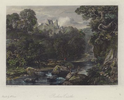 Roslin Castle, Skottland (färgad gravyr) av English School