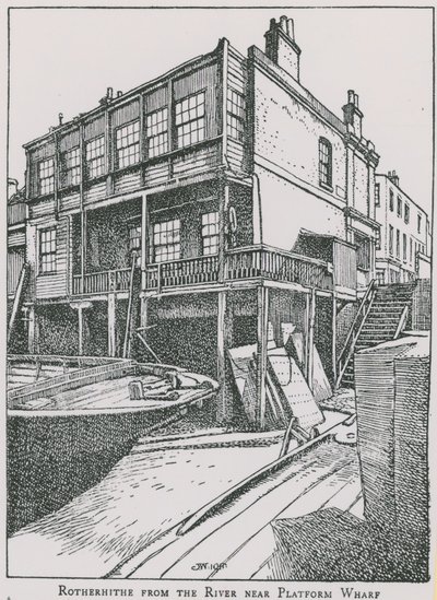 Rotherhithe från Themsen nära Platform Wharf; Ängeln av English School