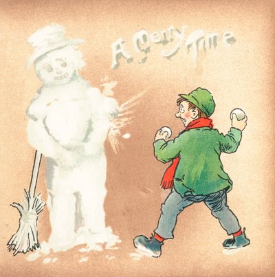 Grov pojke som kastar snöbollar på snögubbe, julkort av English School