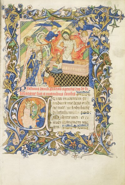 Roy 2 B I f.8 Krönad figur stödd av gråskäggigt helgon som knäböjer framför en bild av Pity, från Psalter of Humphrey Duke of Gloucester, c.1420-30 (vellum) av English School