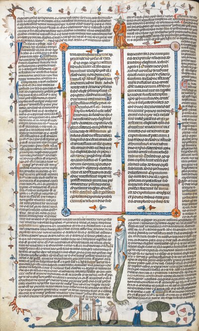 Royal 10 E. IV, f.30v, Text och bas-de-page scen av en man och en kvinna utanför en byggnad, från 