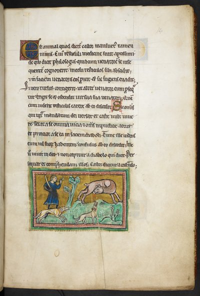 Royal 12 F.XIII, f.14 En varg (?) med blod som kommer ut ur munnen, och en jägare med hundar, från Rochester Bestiary, 1200-talets andra kvartal av English School