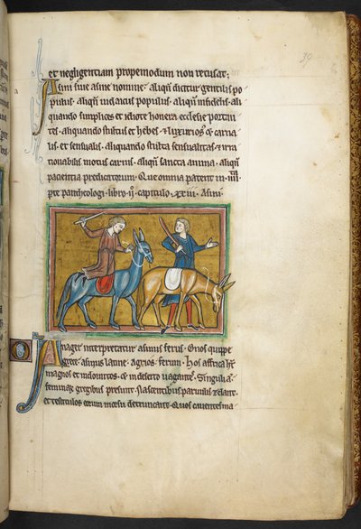 Royal 12 F.XIII, f.39   Två män med två män med åsnor. , från Bestiary (ff. 3-141), Lapidary (ff. 141v-149)  , 1200-talets andra kvartal (vellum) av English School