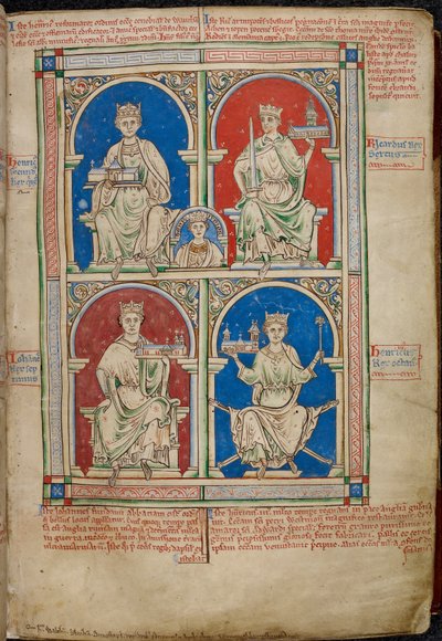 Royal 14 C. VII, f.9 Four Kings of England: Henry II, Richard I, John and Henry III with Westminster Abbey, from 