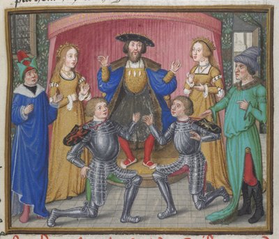 Royal 18 D.II, f.151 Polynices and Tydeus reconciled, illustration från 