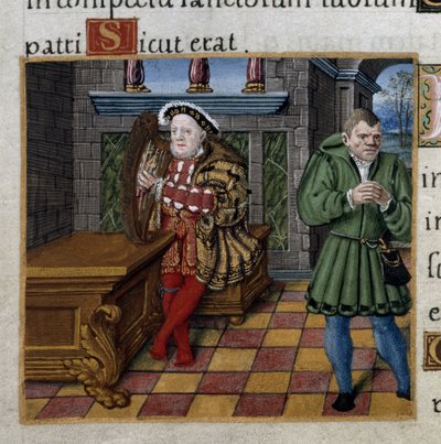 Royal 2 A. XVI, f.63v Henry VIII med en harpa och hans gycklare, William Somers, Psalm 52, från 
