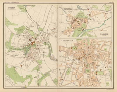 Royal Atlas, c 1900: Buxton; Warwick; Cheltenham (färg litho) av English School