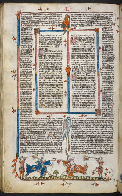Royal MS 10 iv f.065v Knights Jousting med marginaldekor, illustration från 