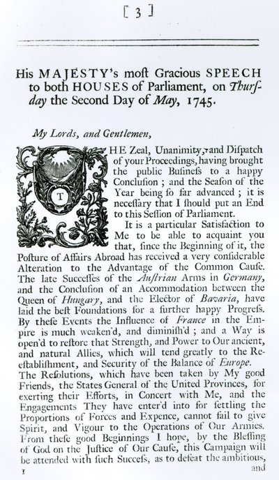 Kungligt tal till parlamentets båda kammare, 2 maj 1745 (tryck) av English School