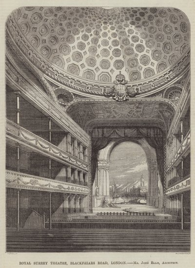 Royal Surrey Theatre, Blackfriars Road, London, Mr John Ellis, arkitekt (gravyr) av English School