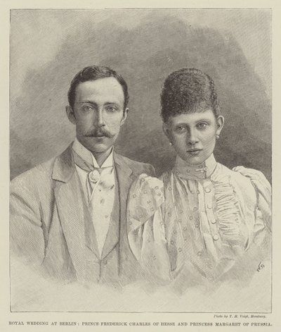 Kungligt bröllop i Berlin, prins Fredrik Charles av Hessen och prinsessan Margareta av Preussen (gravyr) av English School
