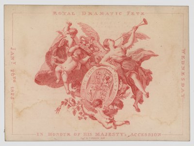 Kunglig dramatisk fest för att hedra årsdagen av kung George IV:s tillträde, 26 januari 1825 (färgad gravyr) av English School
