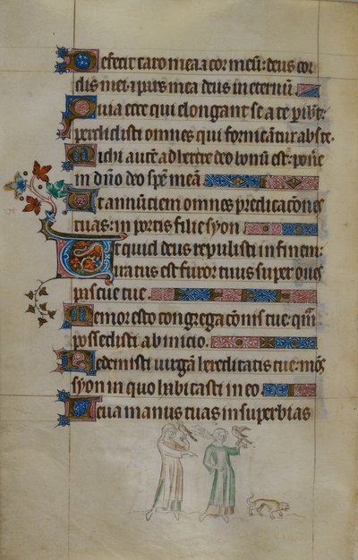 Royal MS 2_B VII F.177V Bas-de-Page-scen av två kvinnor som bär hökar och en liten hund framför dem, med en bebodd initial, illustration från 