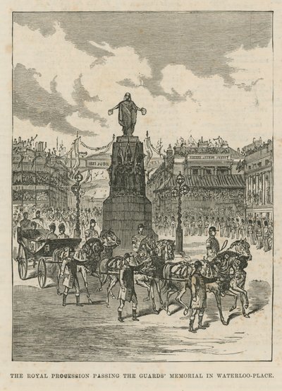 Kunglig procession som passerar Guards Memorial i Waterloo Place av English School