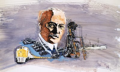 Rudolf Diesel mot bakgrund av tåg, båtar och bryggor av English School