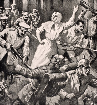 Den ryska sjuksköterskan Mira Miksailovitch Ivanoff ledande män mot tyskar, 1915, från 