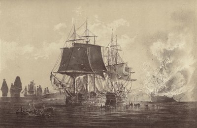 Ryska fartyget Vsevolod förstört i närvaro av den ryska flottan efter aktionen med HMS Implacable, knutet till svenska flottan och under befäl av kapten Thomas Byam Martin, i Östersjön, 26 augusti 1808 (litho) av English School