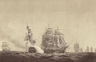 Ryska fartyget Vsevolod flaggar för HMS Implacable, tillhörande svenska flottan och under befäl av kapten Thomas Byam Martin, i Östersjön, 26 augusti 1808 (litografi) av English School