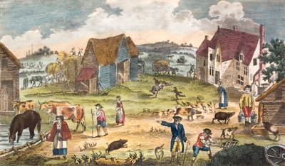 Rustik gårdsscen (färgad gravyr) av English School