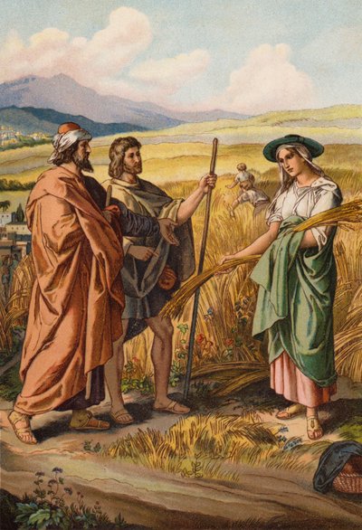 Ruth frågar Boas om hon kan plocka på hans åker (chromolitho) av English School