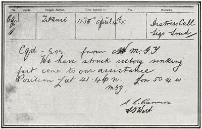 SOS-meddelande mottaget av den ryska ångbåten Birma cirka fem minuter efter att Titanic slog ett isberg den 15 april 1912 från "The Sphere", 4 maj 1912 av English School
