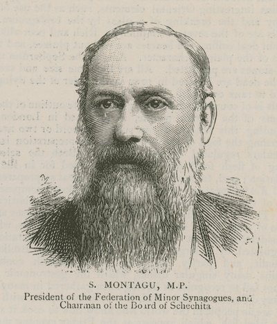 S Montagu, MP, ordförande för Federation of Minor Synagogues och styrelseordförande för Schechita av English School