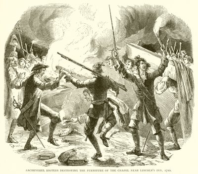 Sacheverel Rioters förstör möblerna i kapellet nära Lincolns Inn, 1710 av English School